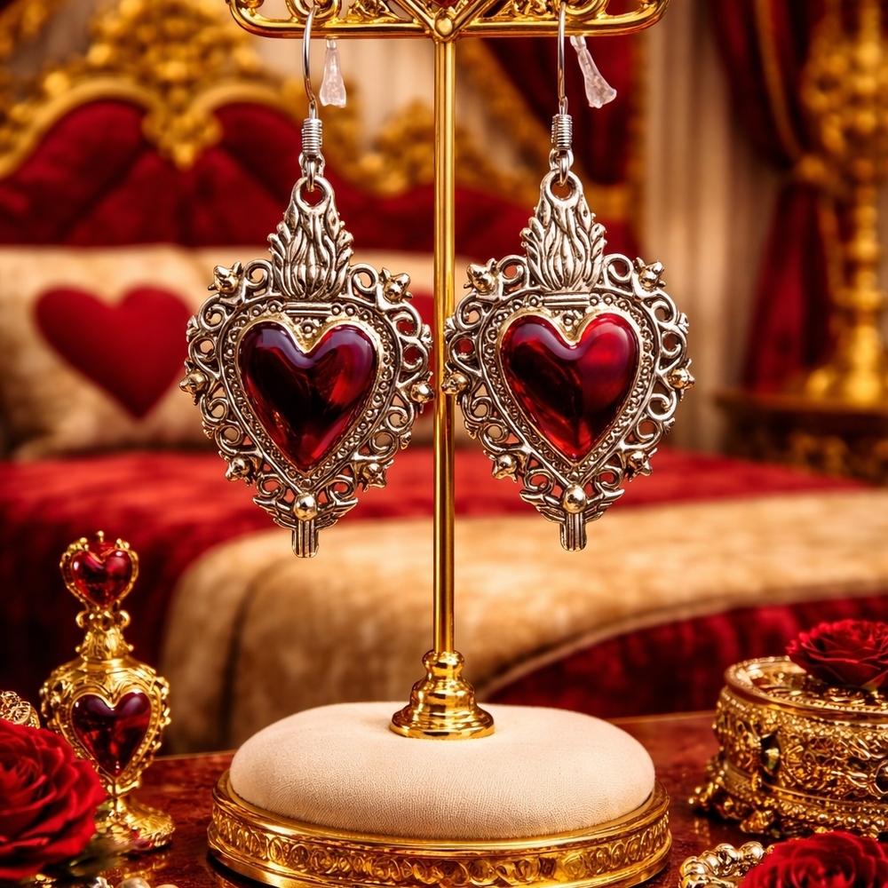 Sacred Heart Earrings with Intricate Silvertone Filigree Ornate Red Enamel